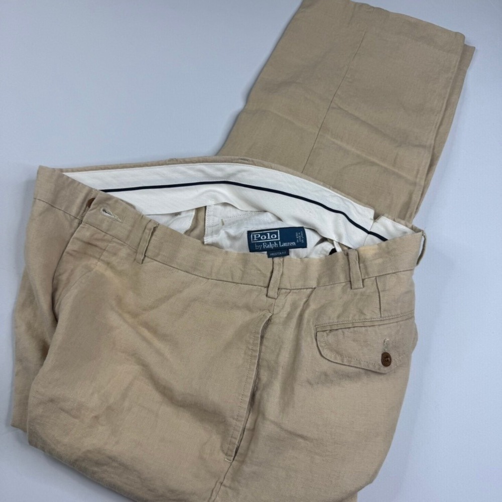 Vintage Polo Ralph Lauren Linen Preston Pant Tan Beige Mens Size 36x30 5-pocket